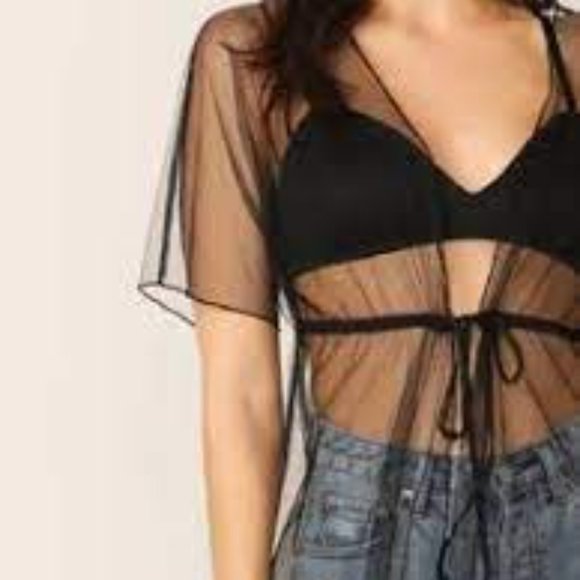 Tie Waist Sheer Mesh Kimono - Picture 1 of 5